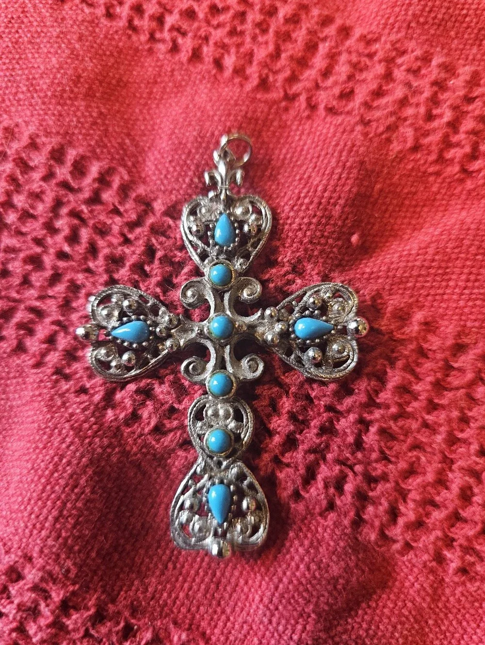 Silver Cross With Turquoise Stones